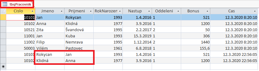 Data přidaná přidávacím dotazem